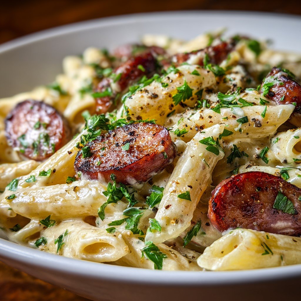 Creamy Kielbasa Sausage Pasta Skillet